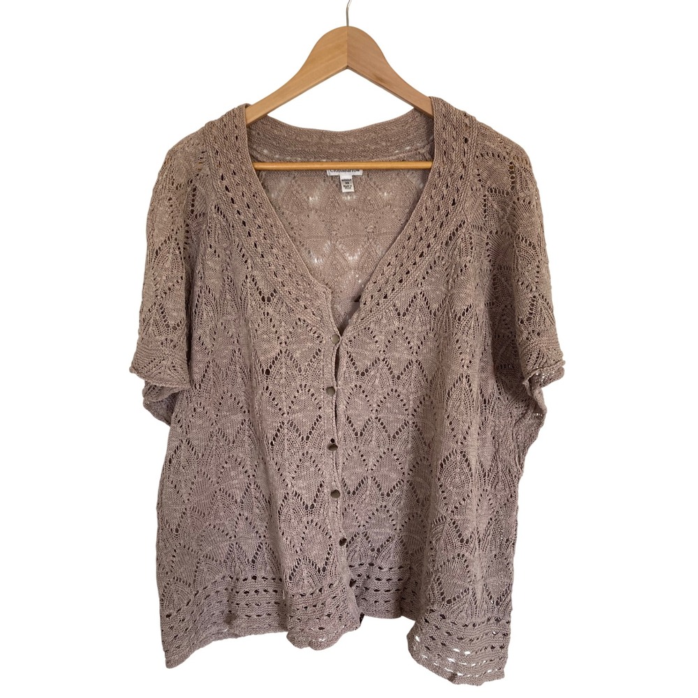 Croft & Barrow Taupe Tan Pointelle Knit Short Sleeve Cardigan Button Front 3X